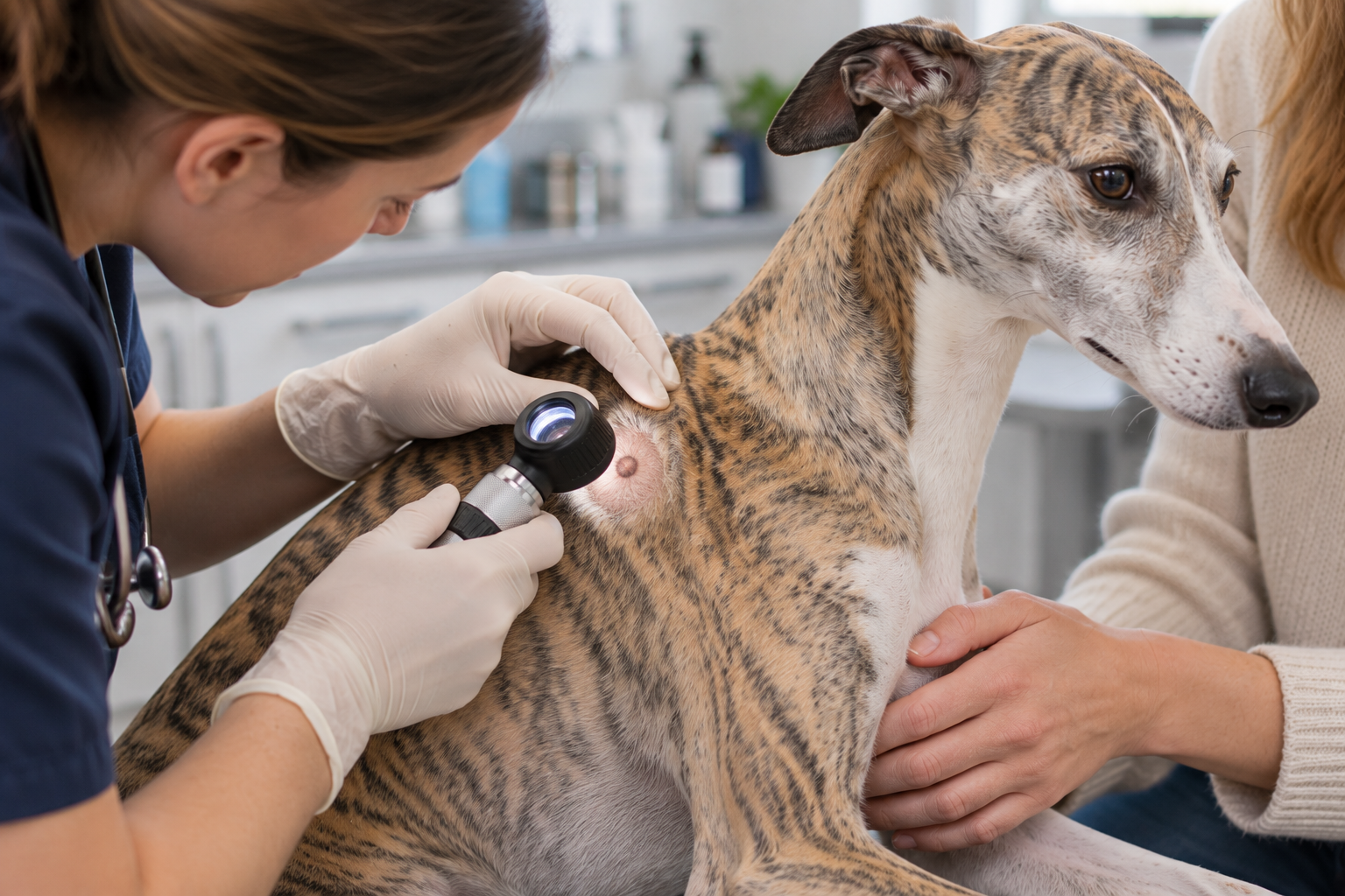 Veterinár vyšetruje kožný útvar psa počas odbornej konzultácie